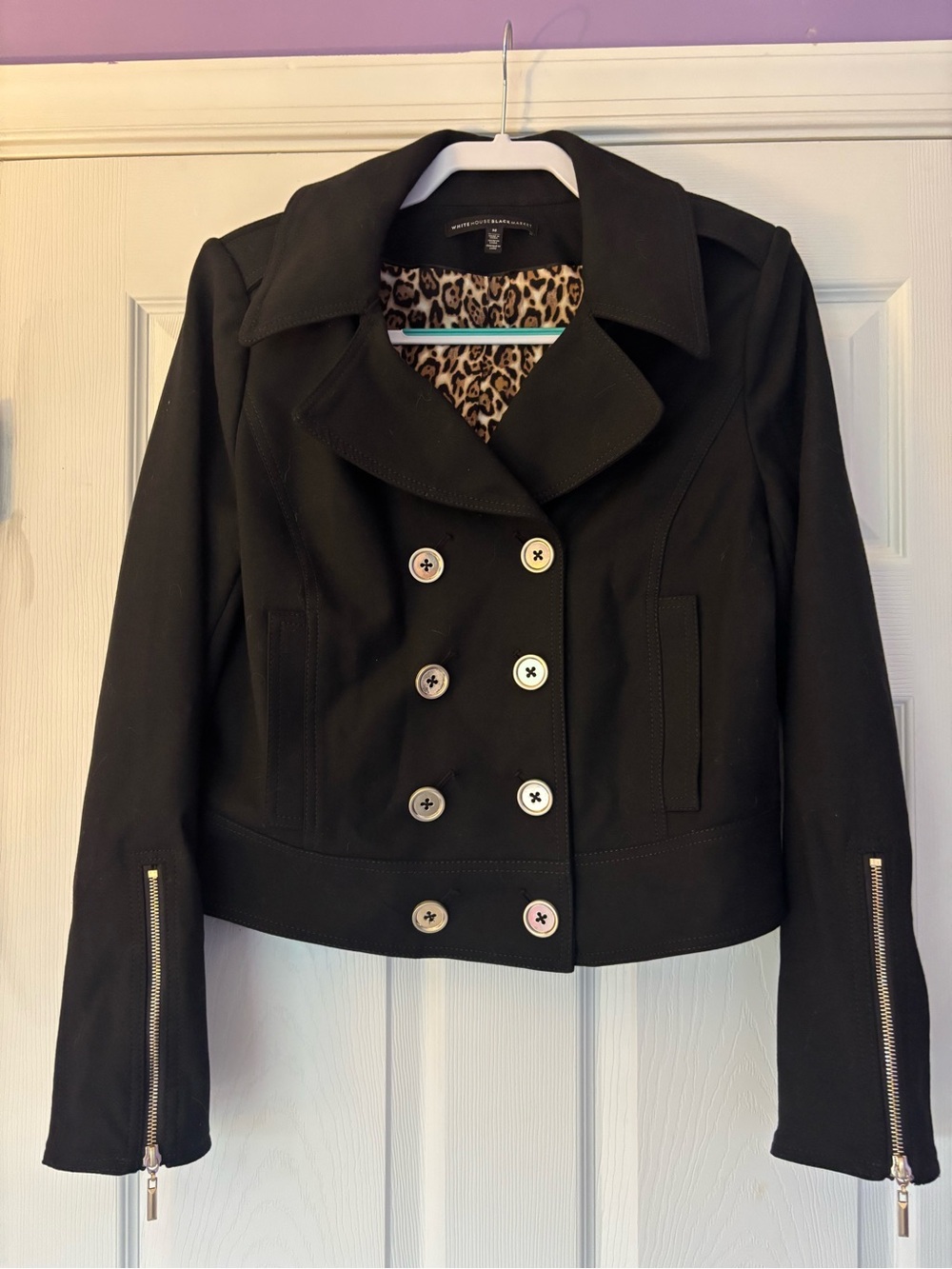 White House Black Market Black Double-Breasted Peacoat with Leopard Lining